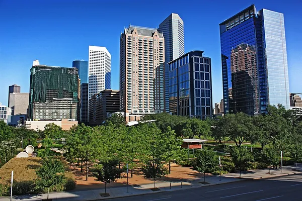 Discovery Green park in front of the downtown Houston towers